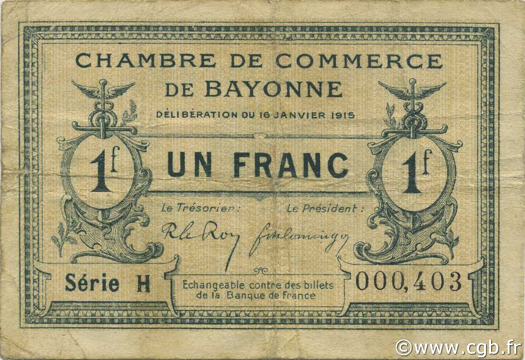 1 Franc FRANCE régionalisme et divers Bayonne 1915 JP.021.09 TB