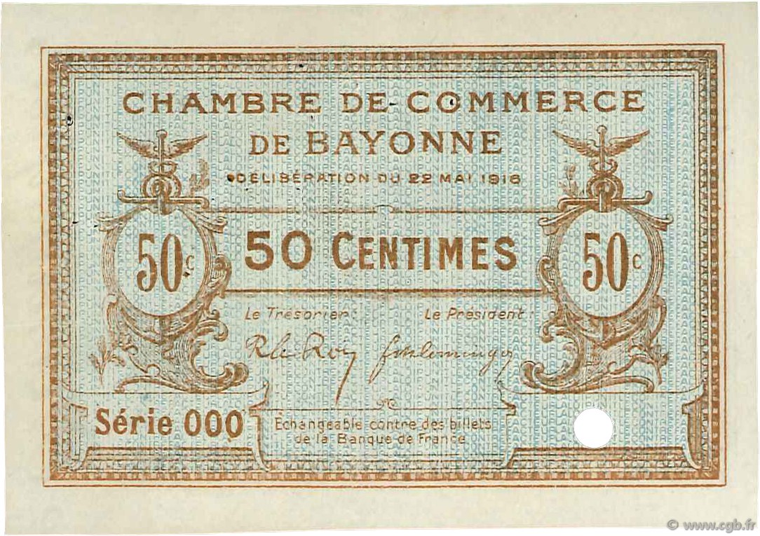 50 Centimes Spécimen FRANCE régionalisme et divers Bayonne 1916 JP.021.25 TTB à SUP