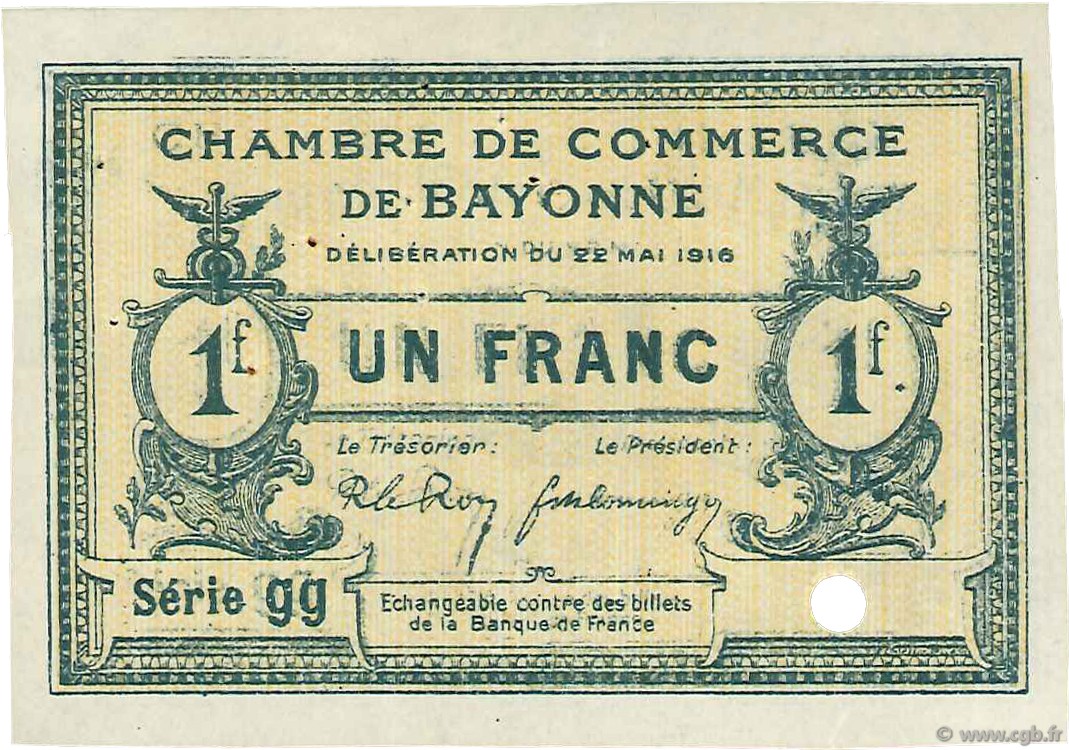 1 Franc Spécimen FRANCE régionalisme et divers Bayonne 1916 JP.021.31 TTB à SUP