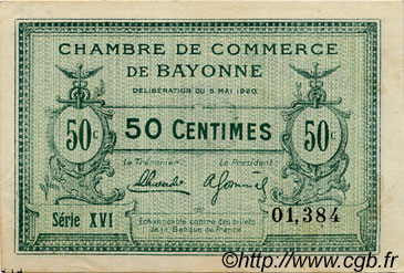 50 Centimes FRANCE régionalisme et divers Bayonne 1920 JP.021.66 TTB à SUP