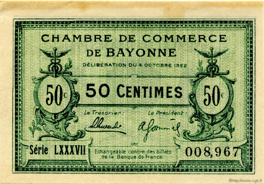 50 Centimes FRANCE régionalisme et divers Bayonne 1922 JP.021.73 TTB à SUP