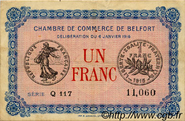 1 Franc FRANCE régionalisme et divers Belfort 1916 JP.023.21 TTB à SUP