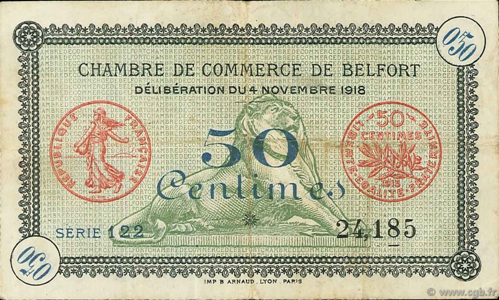 50 Centimes FRANCE régionalisme et divers Belfort 1918 JP.023.34 TB