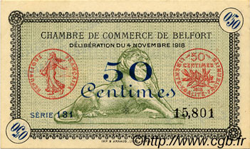 50 Centimes FRANCE régionalisme et divers Belfort 1918 JP.023.41 SPL à NEUF