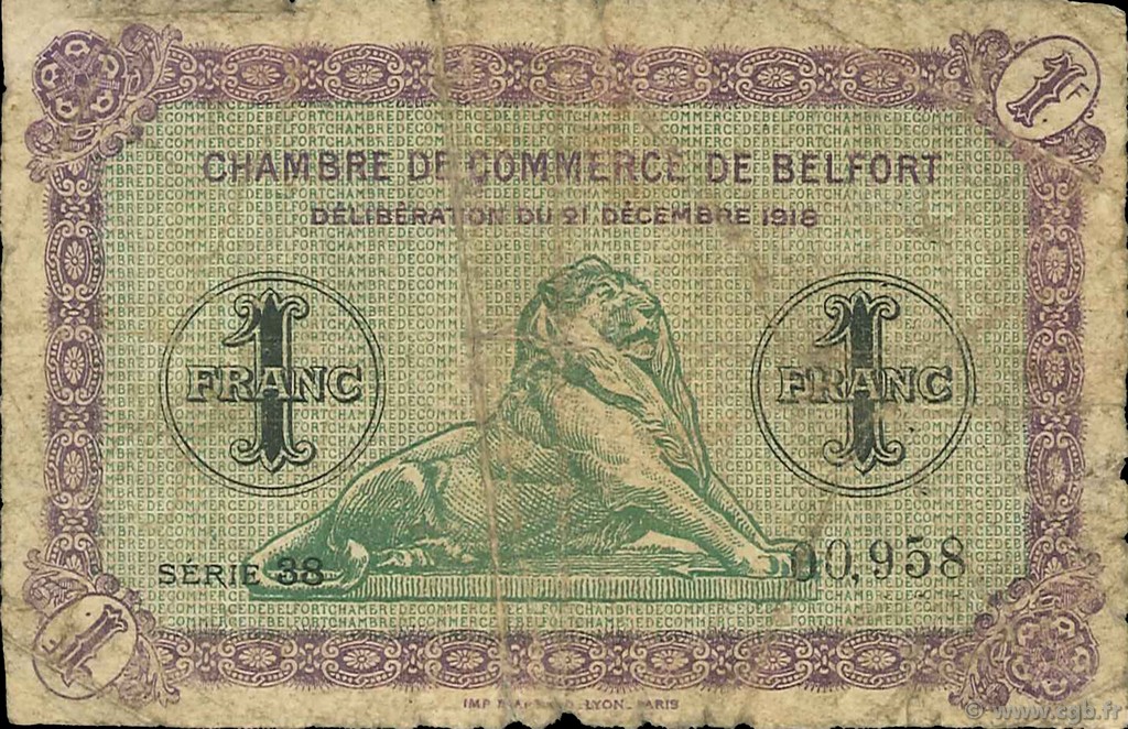 1 Franc FRANCE régionalisme et divers Belfort 1918 JP.023.50 TB