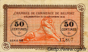 50 Centimes FRANCE régionalisme et divers Belfort 1918 JP.023.52 TTB à SUP