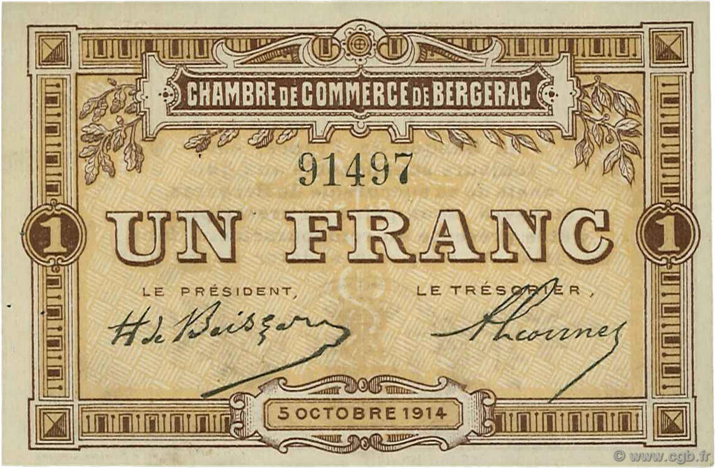 1 Franc FRANCE régionalisme et divers Bergerac 1914 JP.024.04 TTB à SUP