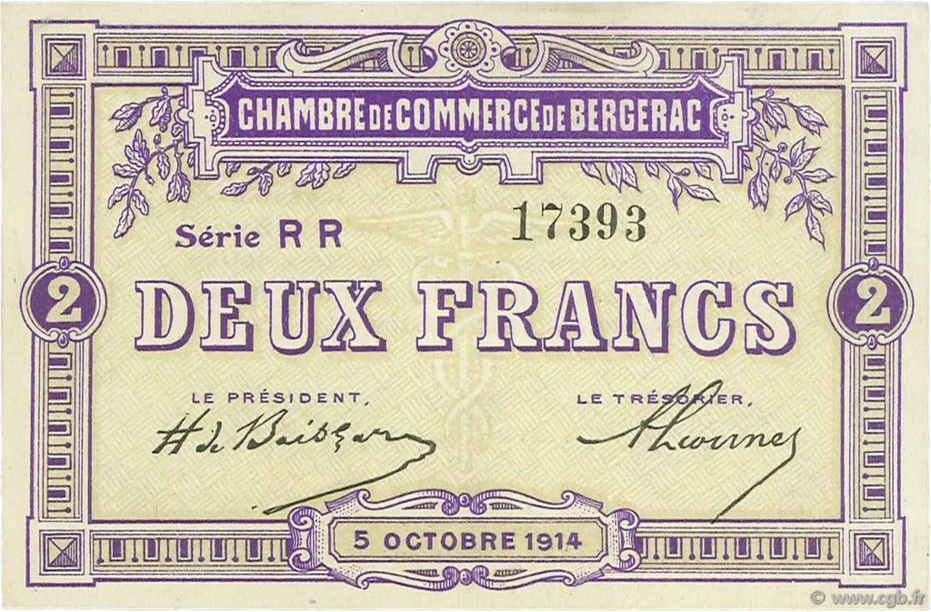 2 Francs FRANCE régionalisme et divers Bergerac 1914 JP.024.23 TTB à SUP