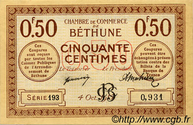 50 Centimes FRANCE régionalisme et divers Béthune 1915 JP.026.01 TTB à SUP