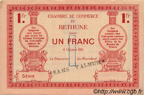1 Franc Spécimen FRANCE régionalisme et divers Béthune 1915 JP.026.07 TTB à SUP
