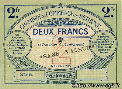 2 Francs Spécimen FRANCE régionalisme et divers Béthune 1915 JP.026.12 TTB à SUP