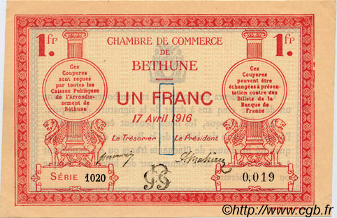 1 Franc FRANCE régionalisme et divers Béthune 1916 JP.026.17 SPL à NEUF