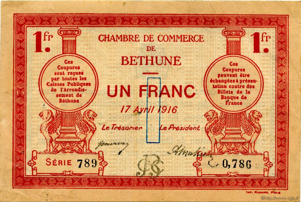 1 Franc FRANCE régionalisme et divers Béthune 1916 JP.026.17 TTB à SUP