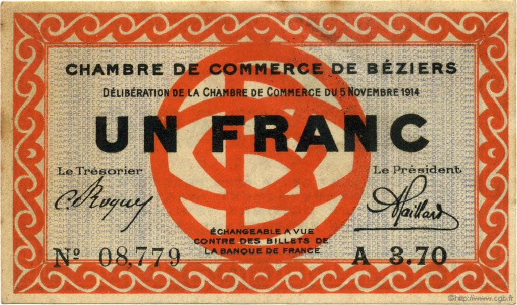 1 Franc FRANCE régionalisme et divers Béziers 1914 JP.027.04 TTB à SUP
