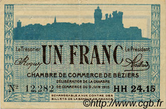 1 Franc FRANCE régionalisme et divers Béziers 1915 JP.027.17 TTB à SUP