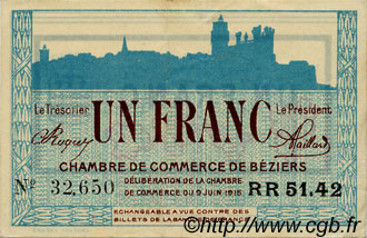 1 Franc FRANCE régionalisme et divers Béziers 1915 JP.027.18 TTB à SUP