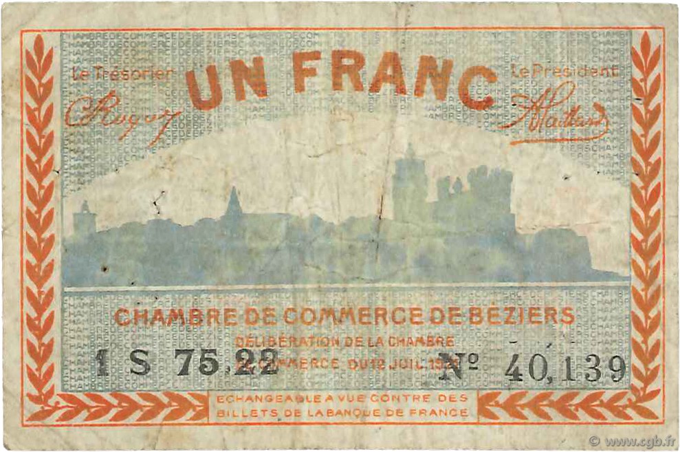 1 Franc FRANCE régionalisme et divers Béziers 1921 JP.027.33 TB