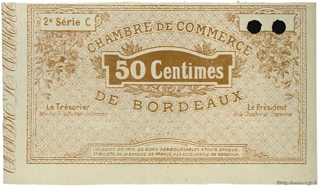 50 Centimes Spécimen FRANCE régionalisme et divers Bordeaux 1914 JP.030.05 SPL à NEUF