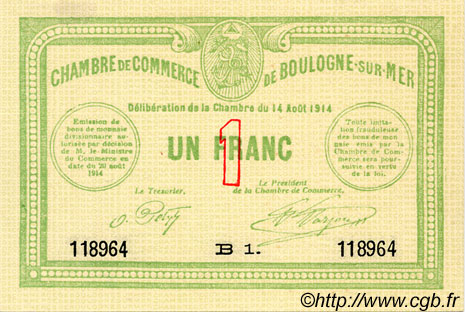 1 Franc FRANCE régionalisme et divers Boulogne-Sur-Mer  1914 JP.031.12 TTB à SUP