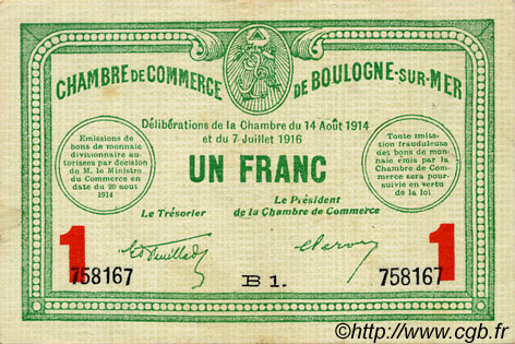 1 Franc FRANCE régionalisme et divers Boulogne-Sur-Mer  1914 JP.031.15 TTB à SUP