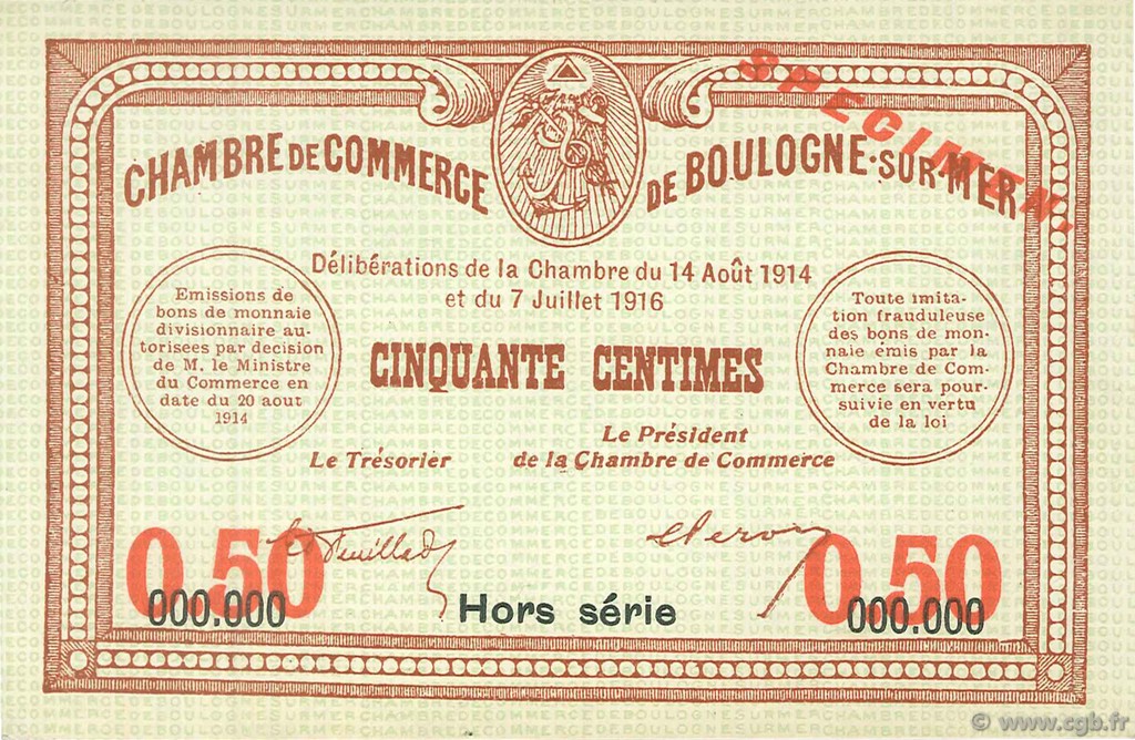 50 Centimes Spécimen FRANCE régionalisme et divers Boulogne-Sur-Mer  1914 JP.031.18 SPL à NEUF