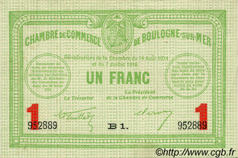 1 Franc FRANCE regionalismo y varios Boulogne-Sur-Mer  1914 JP.031.19 MBC a EBC
