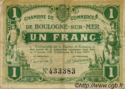 1 Franc FRANCE régionalisme et divers Boulogne-Sur-Mer  1920 JP.031.30 TB