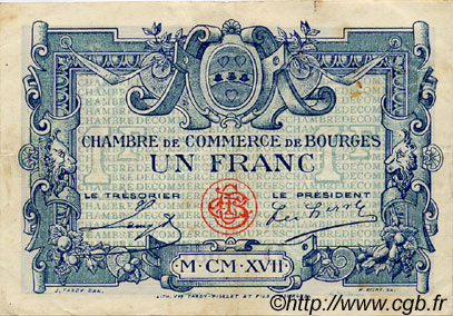 1 Franc FRANCE régionalisme et divers Bourges 1917 JP.032.09 TTB à SUP