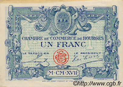 1 Franc FRANCE régionalisme et divers Bourges 1917 JP.032.11 TTB à SUP