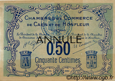 50 Centimes Annulé FRANCE régionalisme et divers Caen et Honfleur 1918 JP.034.05 TTB à SUP
