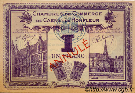 1 Franc Annulé FRANCE régionalisme et divers Caen et Honfleur 1918 JP.034.23 TTB à SUP