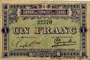 1 Franc FRANCE régionalisme et divers Cahors 1915 JP.035.07 TB