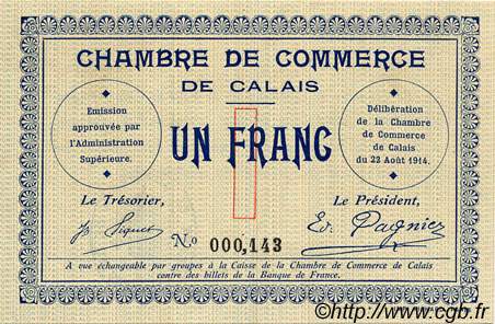 1 Franc FRANCE régionalisme et divers Calais 1914 JP.036.03 TTB à SUP