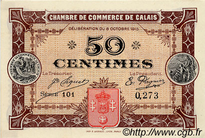 50 Centimes FRANCE régionalisme et divers Calais 1915 JP.036.07 TTB à SUP