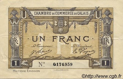 1 Franc FRANCE régionalisme et divers Calais 1916 JP.036.43 TTB à SUP
