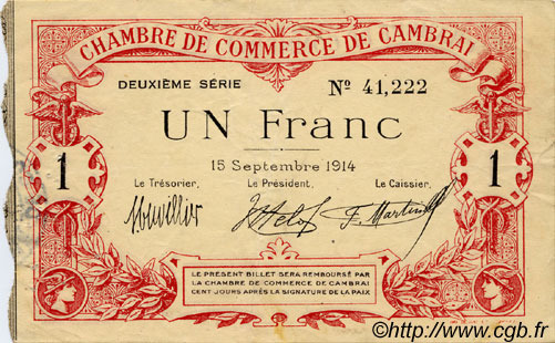 1 Franc FRANCE régionalisme et divers Cambrai 1914 JP.037.11 TTB à SUP