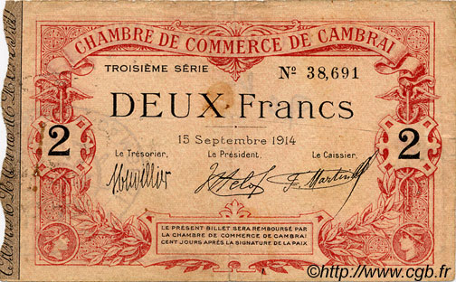 2 Francs FRANCE régionalisme et divers Cambrai 1914 JP.037.22 TTB à SUP