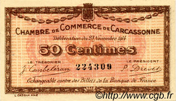 50 Centimes FRANCE régionalisme et divers Carcassonne 1914 JP.038.01 TTB à SUP