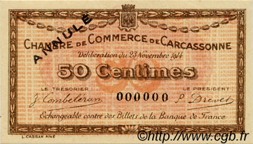 50 Centimes Annulé FRANCE régionalisme et divers Carcassonne 1914 JP.038.04 SPL à NEUF