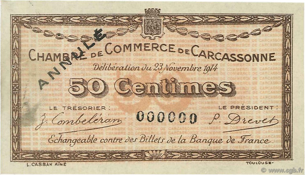 50 Centimes Annulé FRANCE régionalisme et divers Carcassonne 1914 JP.038.04 TTB à SUP
