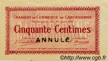 50 Centimes Annulé FRANCE régionalisme et divers Carcassonne 1917 JP.038.12 TTB à SUP