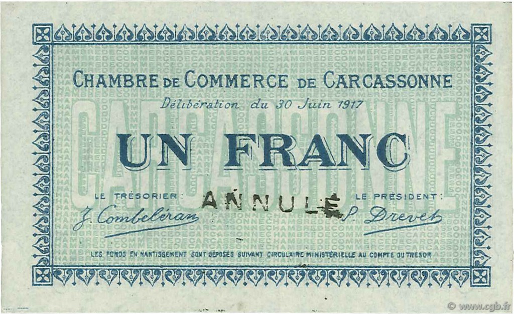 1 Franc Annulé FRANCE régionalisme et divers Carcassonne 1917 JP.038.14 TTB à SUP