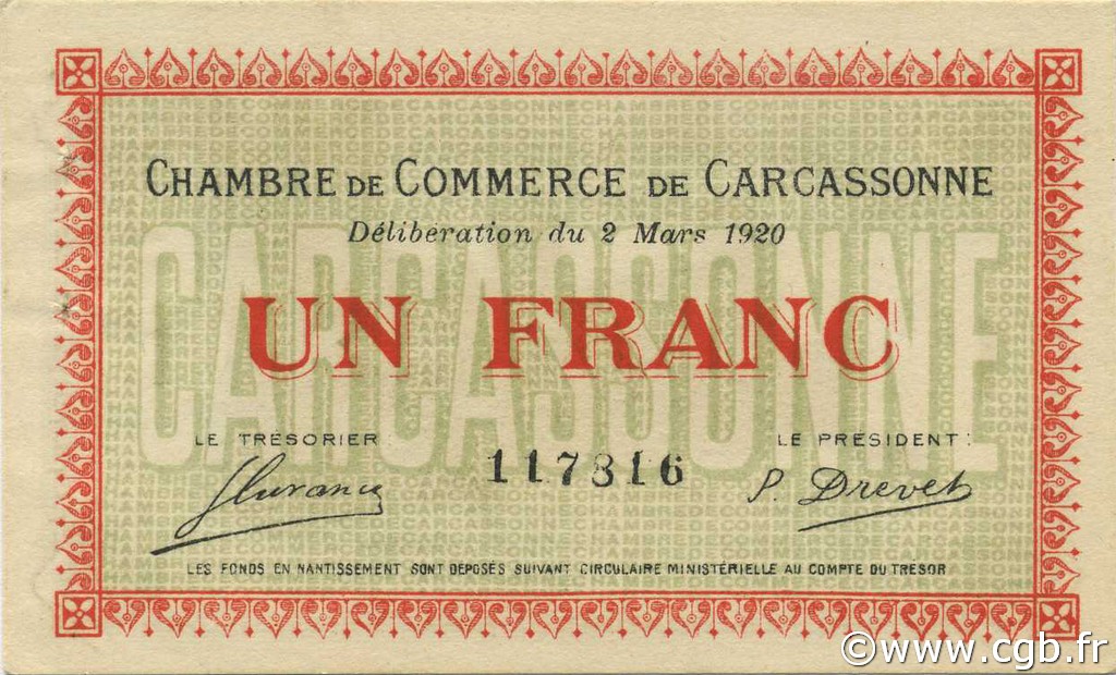 1 Franc FRANCE régionalisme et divers Carcassonne 1920 JP.038.17 SPL à NEUF