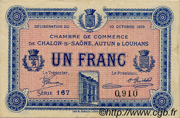 1 Franc FRANCE régionalisme et divers Châlon-Sur-Saône, Autun et Louhans 1916 JP.042.10 TTB à SUP