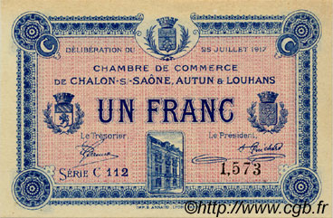 1 Franc FRANCE régionalisme et divers Châlon-Sur-Saône, Autun et Louhans 1917 JP.042.14 SPL à NEUF