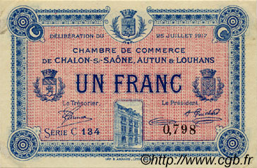 1 Franc FRANCE régionalisme et divers Châlon-Sur-Saône, Autun et Louhans 1917 JP.042.14 TTB à SUP