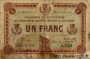 1 Franc FRANCE régionalisme et divers Châlon-Sur-Saône, Autun et Louhans 1919 JP.042.22 TB