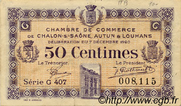 50 Centimes FRANCE régionalisme et divers Châlon-Sur-Saône, Autun et Louhans 1920 JP.042.28 TB