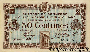 50 Centimes FRANCE régionalisme et divers Châlon-Sur-Saône, Autun et Louhans 1922 JP.042.32 TTB à SUP