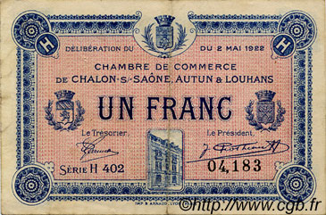 1 Franc FRANCE régionalisme et divers Châlon-Sur-Saône, Autun et Louhans 1922 JP.042.35 TTB à SUP